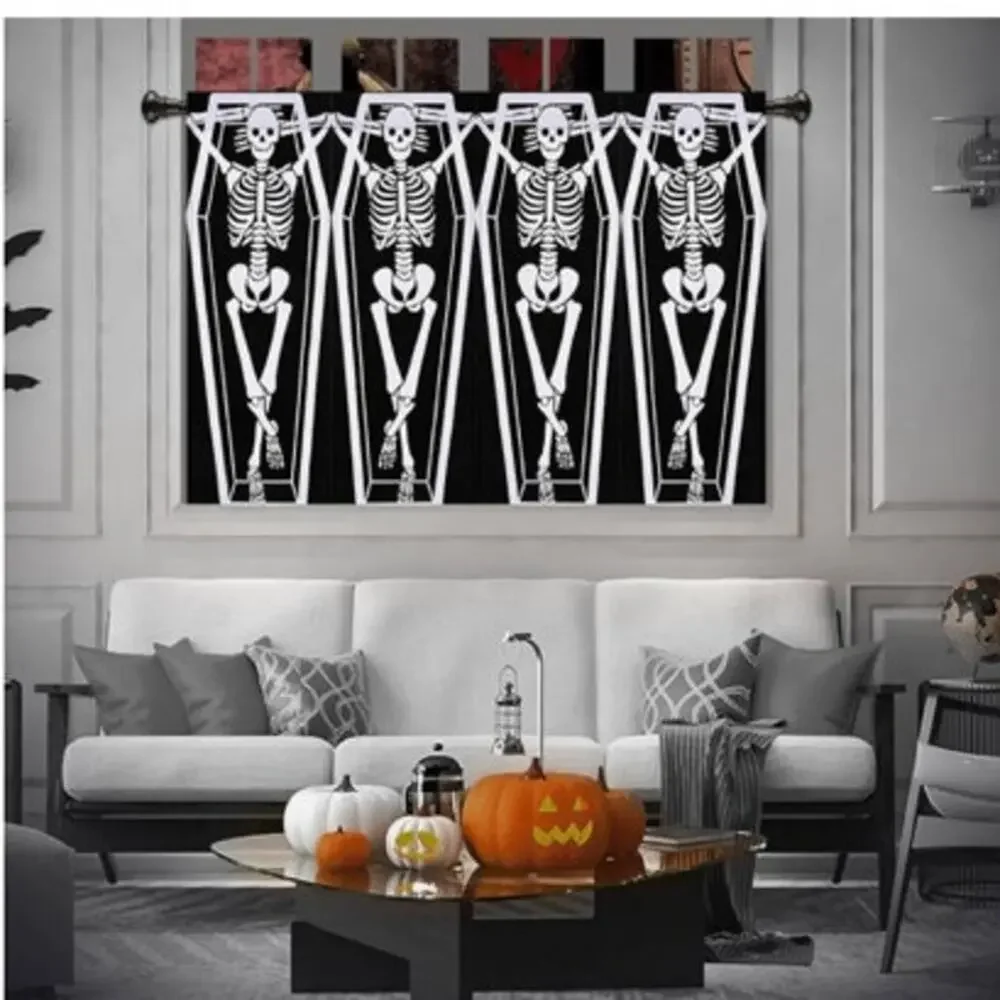 NWT ~ Set/ 4 Panels ~ Spooky Halloween Coffin Skeleton Curtains ~ 13